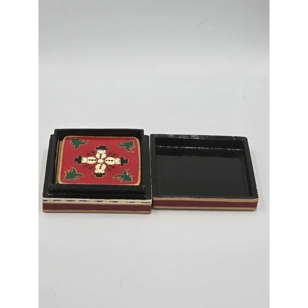 Vintage Foreside Hand-Painted Lacquer Wood Christmas Coaster Set of 6 with Box